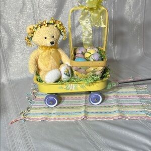 Yellow Teddy Bear with Easter Basket Toy and wagon